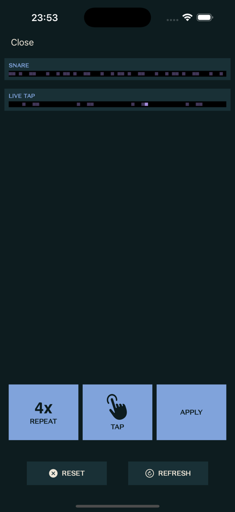 Loop Maker - Create Music Fast - Mobile interface of Loop Maker app showing the Live Tap percussion performance mode for snare recording
