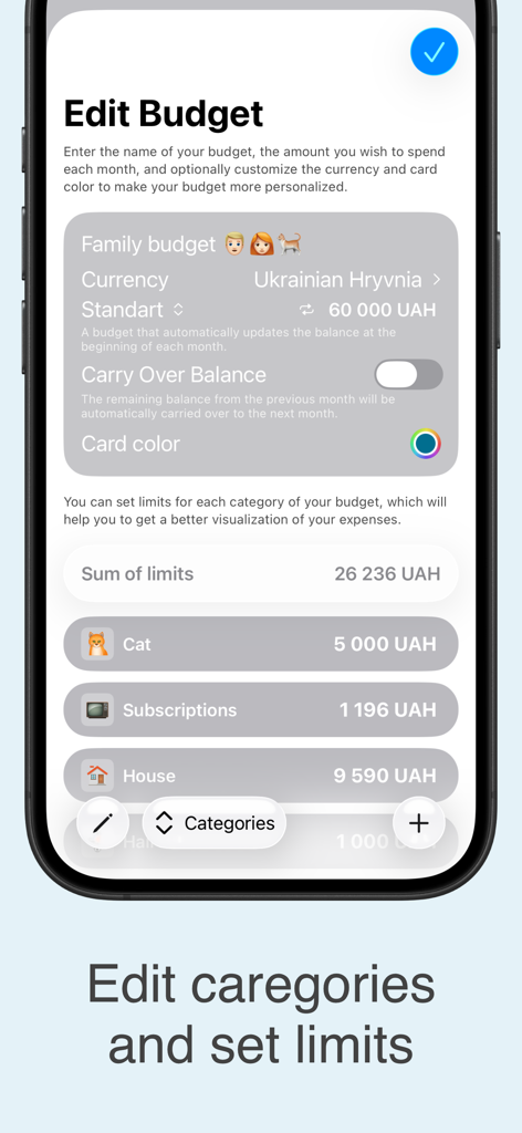 iOS app screen for editing budget categories and setting spending limits.