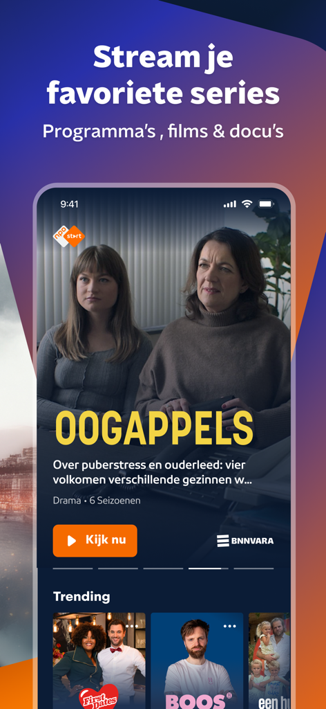 NPO Start - Interface do aplicativo móvel NPO Start apresentando a série dramática holandesa Oogappels e programas populares como BOOS e First Dates