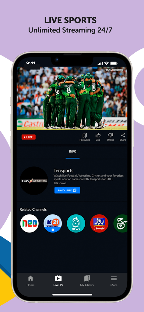 Tamasha: Live TV, Movie, Drama - Interfaccia dell'app Tamasha che trasmette cricket in diretta su Ten Sports