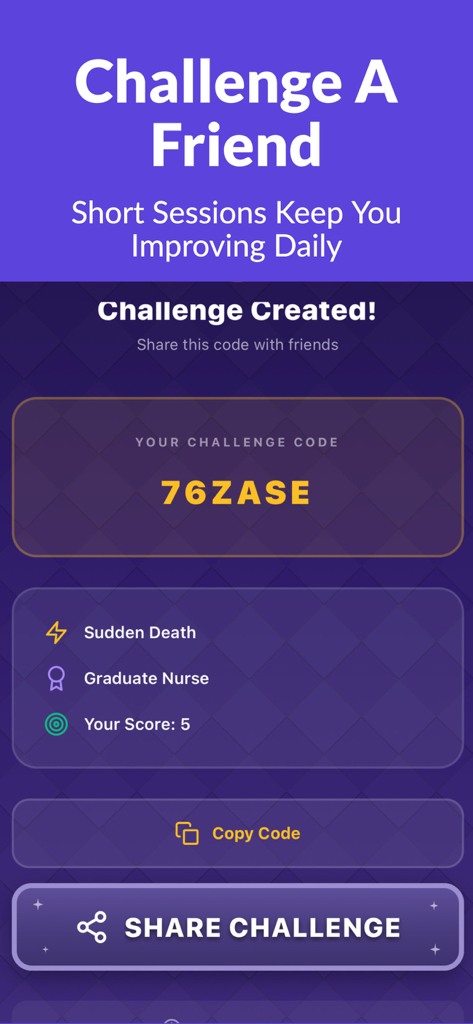 NCLEX Showdown - NCLEX Showdown app interface displaying a challenge code to share with friends for competitive nursing exam practice