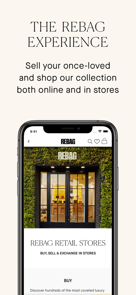 A smartphone showing the Rebag app screen for physical retail stores where users can buy, sell, and exchange luxury items.