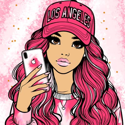 realistic beautiful girl wearing los ángeles cap holding an iphone
