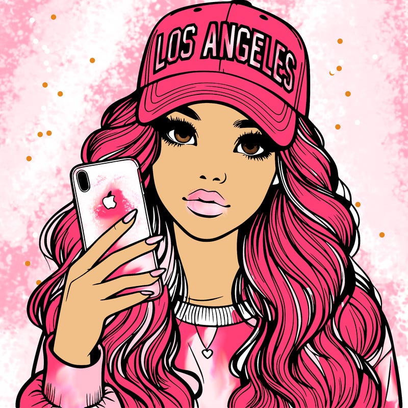realistic beautiful girl wearing los ángeles cap holding an iphone