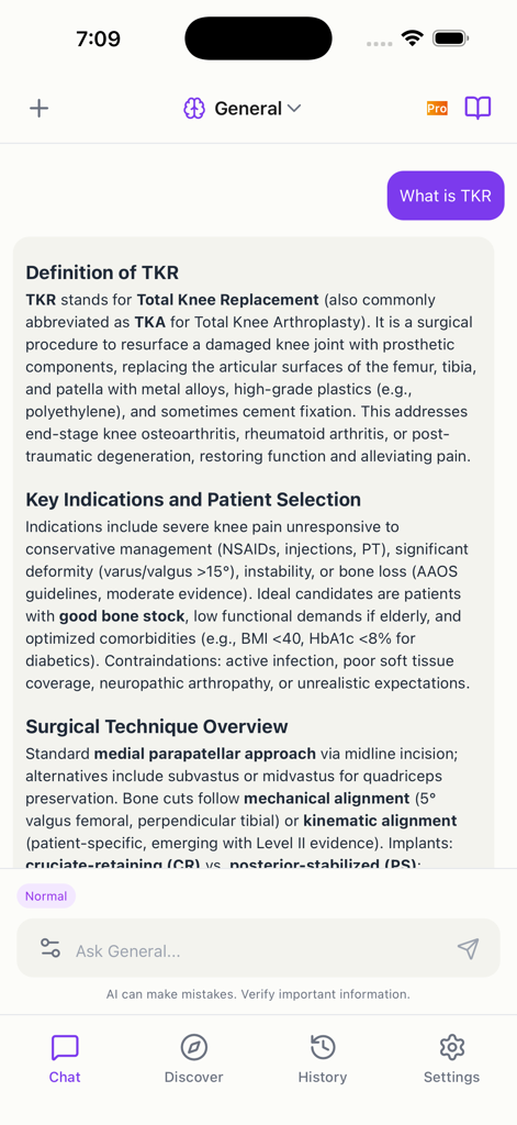 Ortho AI - AIMD - Ortho AI app interface providing a detailed medical explanation and surgical overview for Total Knee Replacement.