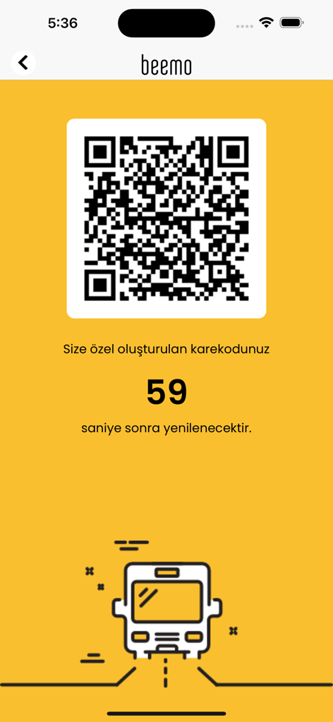 Interfaz de la aplicación Beemo mostrando un código QR dinámico para pago de autobús y transporte público