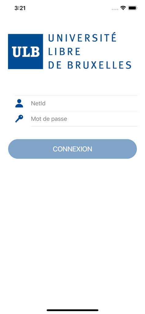 MonULB - Login screen of MonULB app for students of Universite Libre de Bruxelles