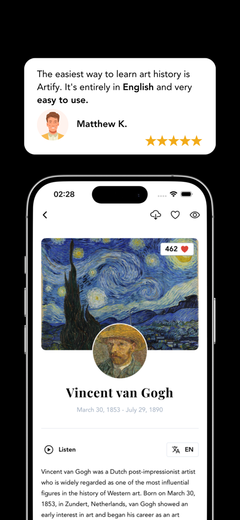 Art History & Museums - Artify - Interfaz de la aplicación Artify que muestra una reseña de usuario y el perfil del artista Vincent van Gogh con la pintura La Noche Estrellada.