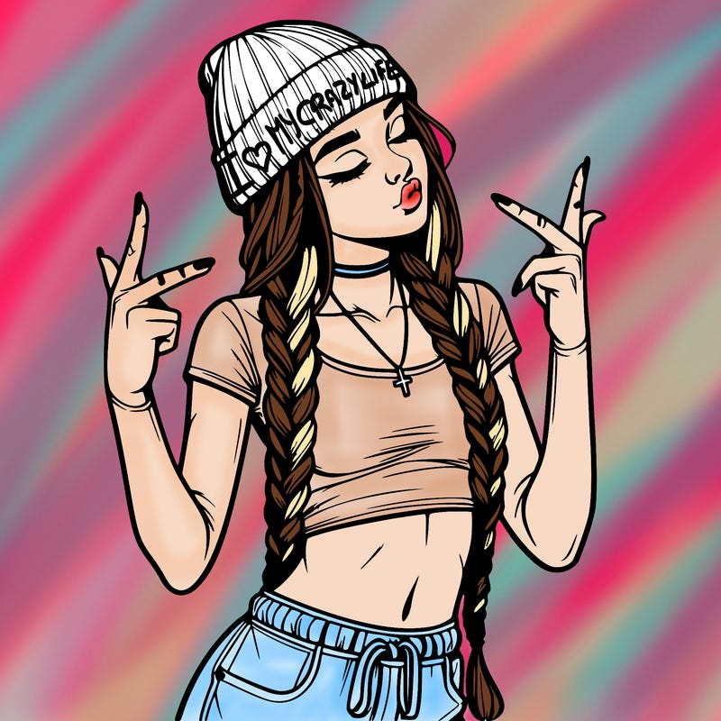 realistic teenage girl with braids and a beanie and crop top doing 🫶🏼