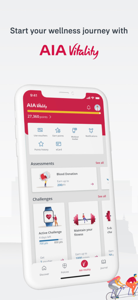 AIA Plus Thailand app showing the Vitality wellness dashboard with health points and fitness challenges