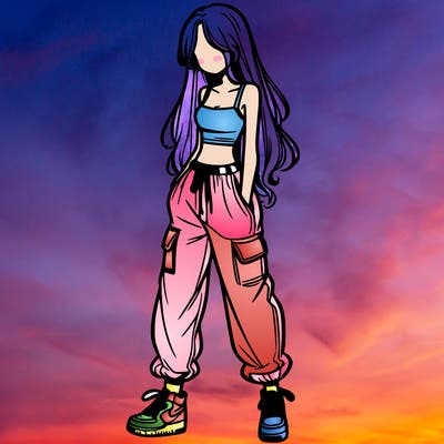 girl in baggy pants crop top and long hair