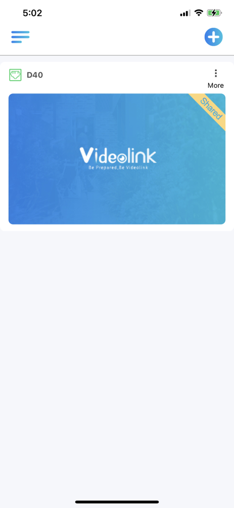 VideoLink - VideoLink mobile app dashboard showing a managed D40 security camera device with a shared status