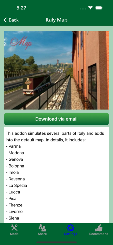 Italy Map mod description for Euro Truck Simulator 2 featuring a list of cities and download button