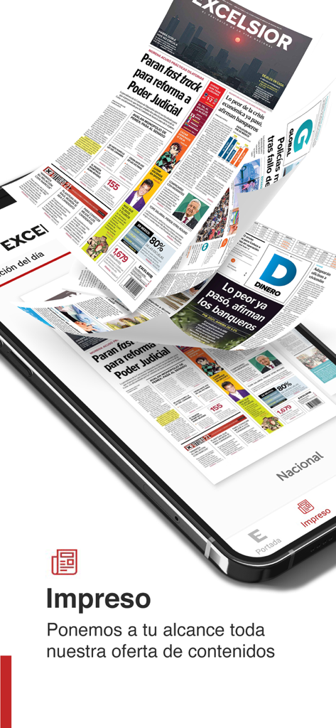 Un teléfono inteligente que muestra páginas digitales del periódico Excélsior flotando sobre la pantalla para representar la función de edición impresa.