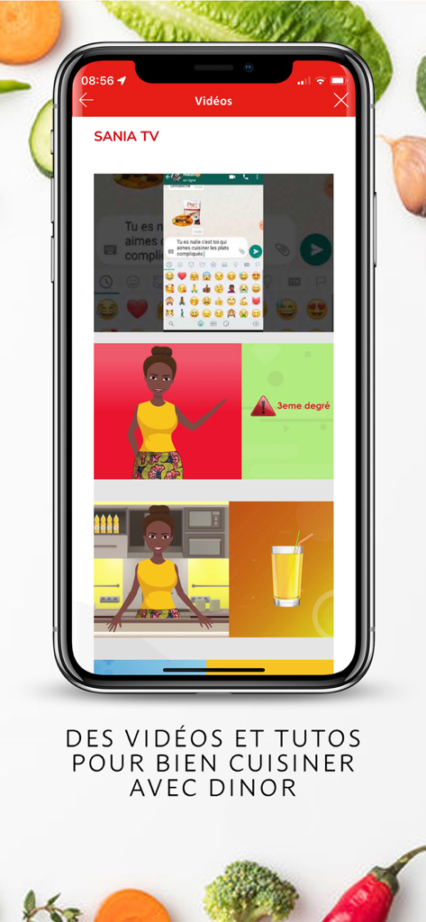 DINOR APP - Interface of the Dinor App showing a list of cooking video tutorials and tutorials from Sania TV.