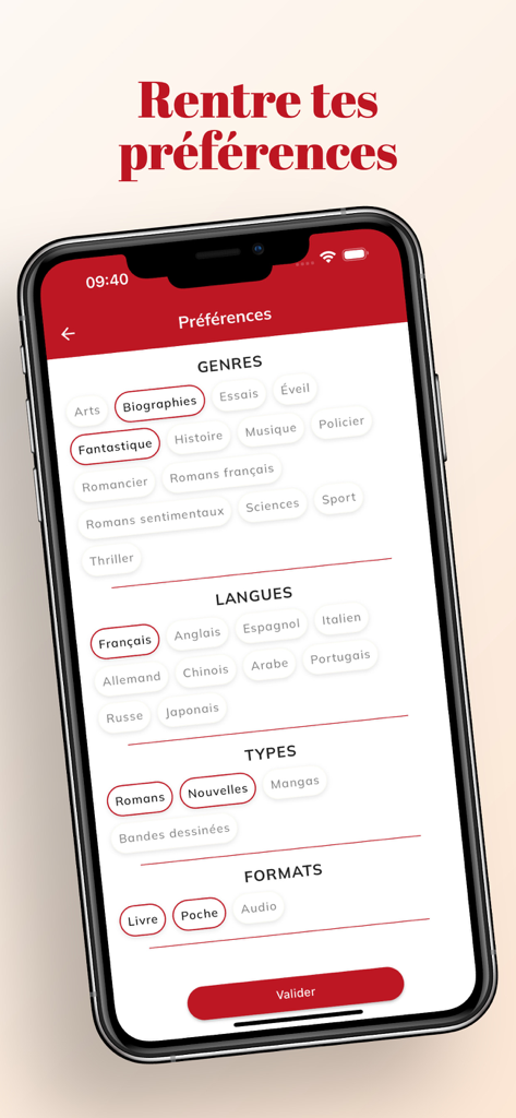Booklink - Mobile app screen for selecting book genres, languages, and formats to personalize reading recommendations.