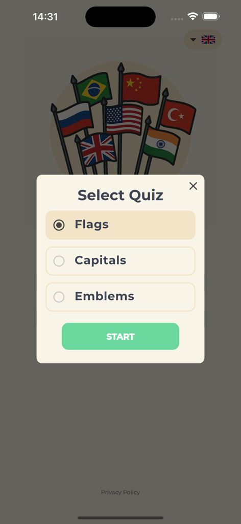 Guess the Flags - of the World - Menu de seleção para os modos de quiz Bandeiras, Capitais e Emblemas