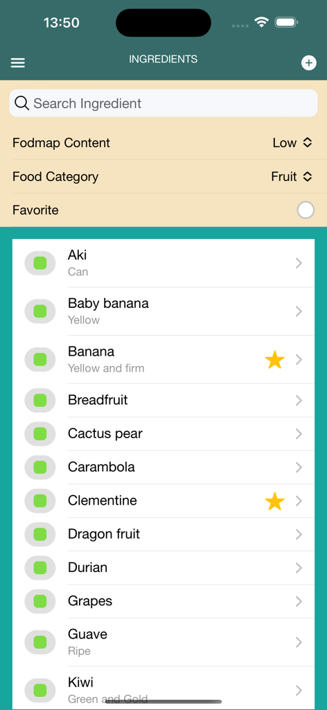 Interfaz de la aplicación Fodmap 2.0 que muestra una lista de frutas bajas en FODMAP con indicadores de estado codificados en verde