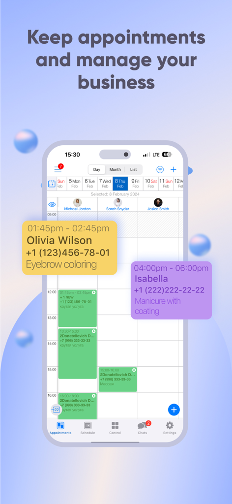 DIKIDI Appointments Scheduling - Interfaccia dell'app mobile di DIKIDI che mostra un calendario di appuntamenti aziendali con dettagli sulla pianificazione del personale e sulla prenotazione dei servizi