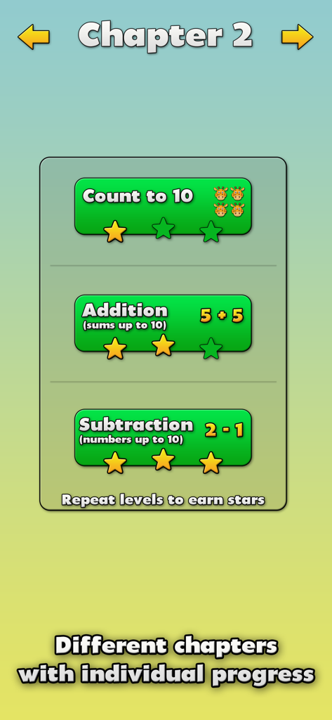 Math Joy - Kids Learning Games - Math Joy app screen displaying different learning chapters and individual progress with star rewards.