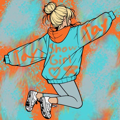 realistic girl jumping with a bun and oversized sweatshirt