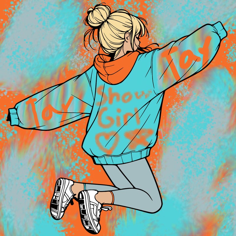 realistic girl jumping with a bun and oversized sweatshirt