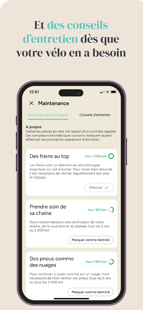 GAYA - GAYA app maintenance dashboard showing upcoming service alerts for brakes, chain, and tires.
