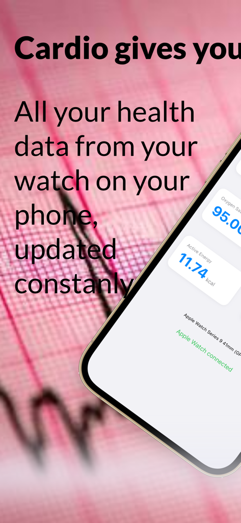 Cardiogram - iPhone displaying real time health data like oxygen levels and active energy synced from an Apple Watch