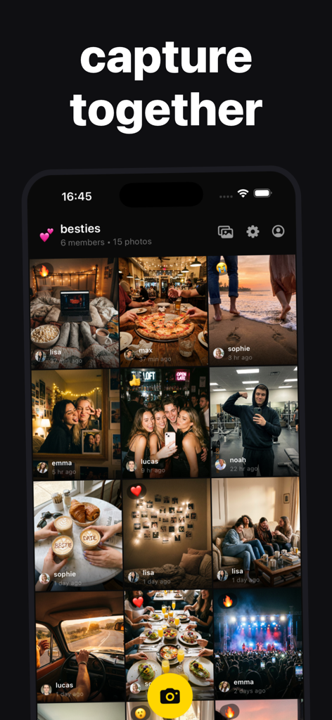 tjub: private group grid - 'besties'라는 그룹에서 공유된 친구들과의 순간을 보여주는 tjub 앱의 비공개 사진 그리드