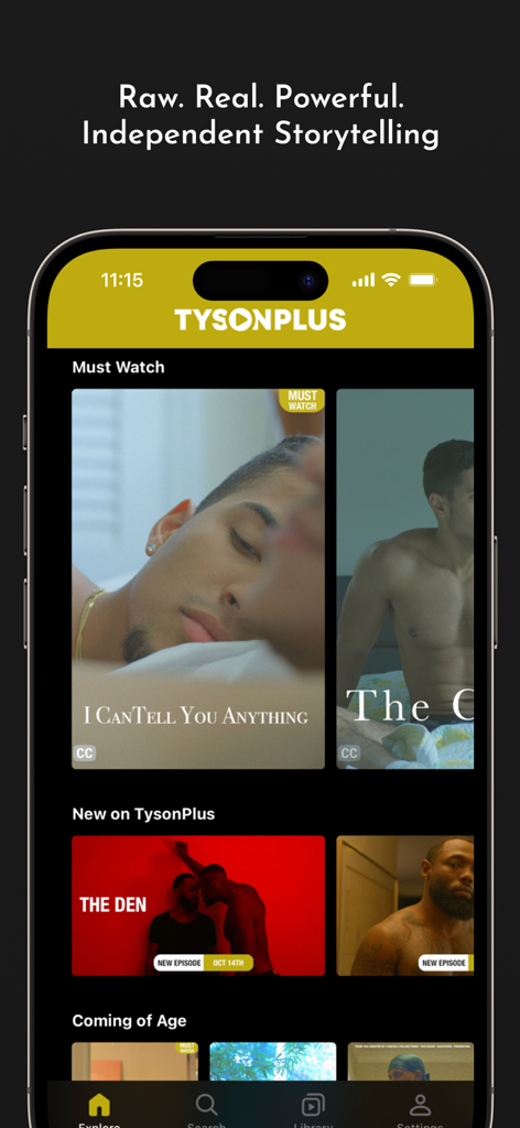 TysonPlus - TysonPlus Mobile App Benutzeroberfläche auf einem Smartphone-Bildschirm, die Filmkategorien und Miniaturansichten von Independent-Filmen wie I Can Tell You Anything und The Den zeigt.