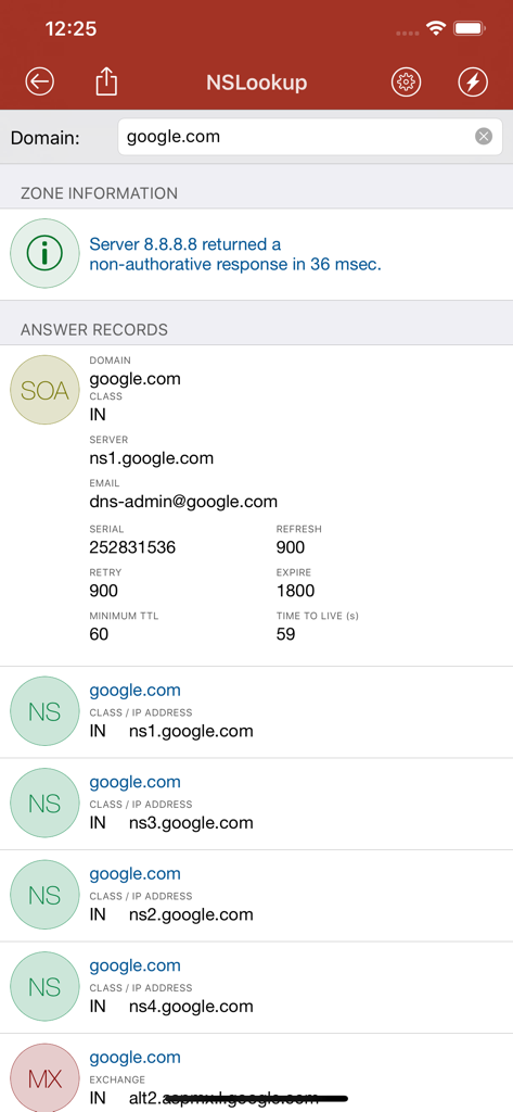 Network Utilities & Analyzer - NSLookup tool displaying DNS zone information and server records for google.com