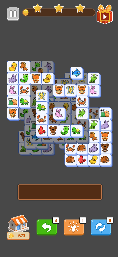 Triple Match : Tile Puzzle 3D - Screenshot of Triple Match Tile Puzzle 3D gameplay featuring colorful cartoon animal tiles.