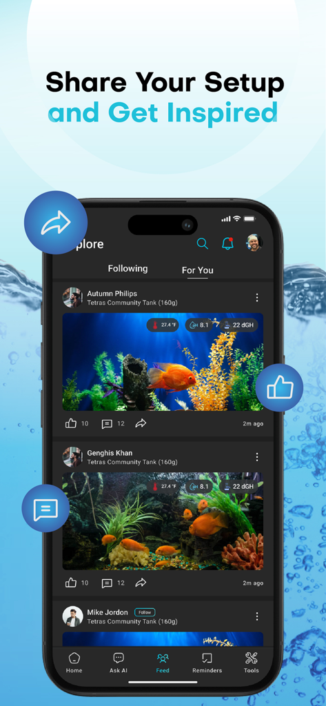 Aquabuildr - Aquabuildr mobile app community feed showing shared aquarium setups with water parameters and social features
