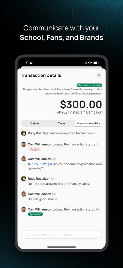 Teamworks Influencer app showing NIL transaction details and compliance communication