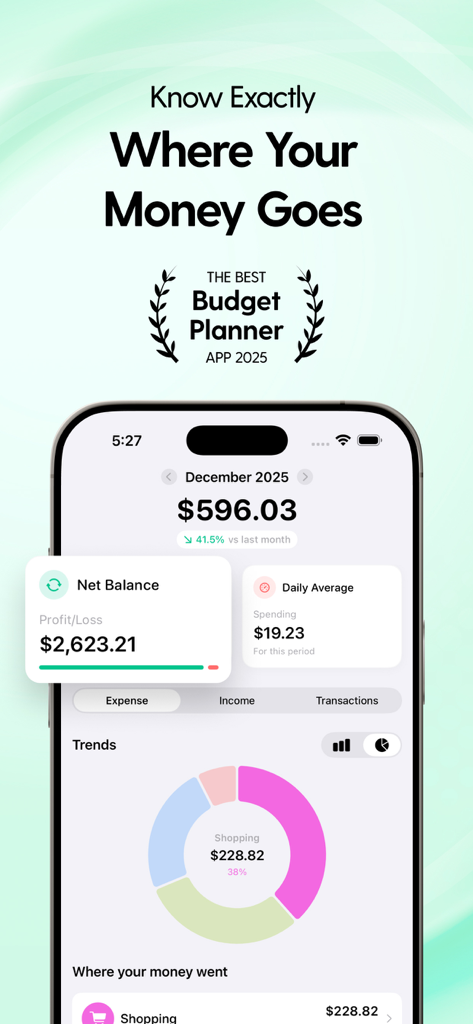 Budget Planner - PocketWealth - PocketWealth budget planner app dashboard displaying net balance and expense trends with a colorful pie chart.