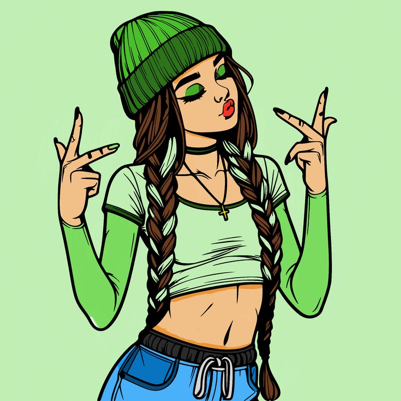 realistic teenage girl with braids and a beanie and crop top doing 🫶🏼