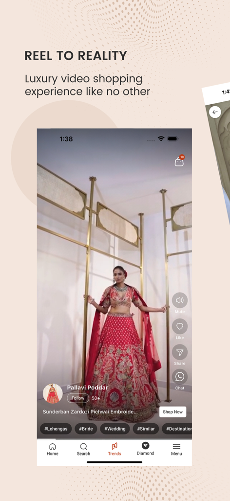 Aza Fashions Designer Clothing - Aza Fashions app displaying a luxury designer lehenga in a video shopping reel