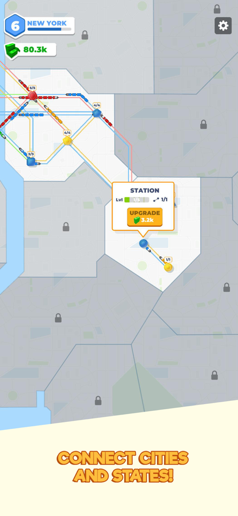 Metro Connect: Train Simulator - Gameplay screenshot showing subway lines connecting stations on a map with a station upgrade prompt.