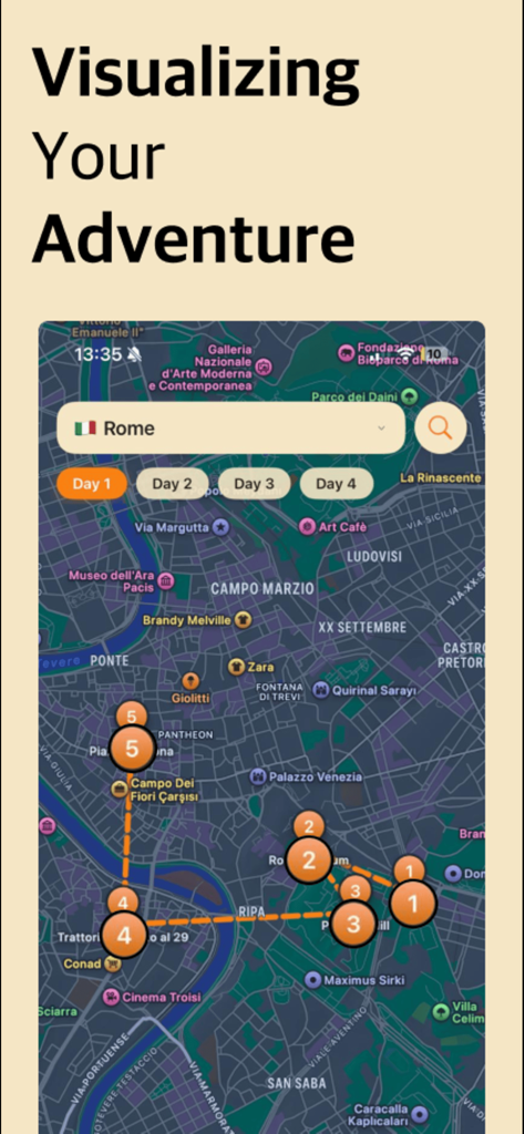 여행 1일차 로마 지도의 여행 일정 경로를 보여주는 모바일 화면
