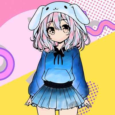 pretty anime girl wearing a fluffy hoodie with bunny ears on the hood and a skirt