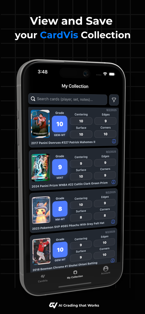 CardVis - Sports & TCG Grading - Mobile app interface showing a digital collection of AI graded sports and TCG cards with specific scores for centering edges surface and corners