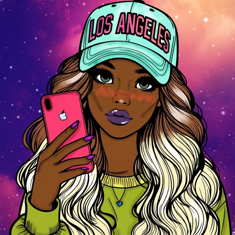 realistic beautiful girl wearing los ángeles cap holding an iphone
