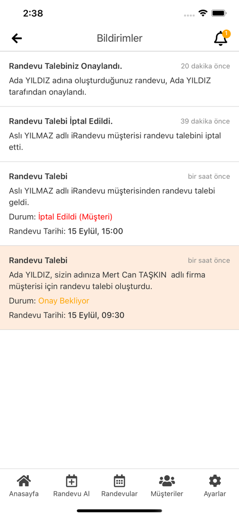 Mobile screen showing a list of appointment status notifications and booking requests