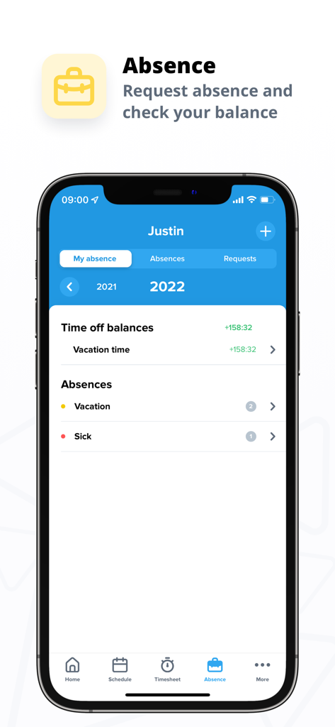 Interface da aplicação móvel Shiftbase para rastrear saldos de folgas e solicitar ausências.