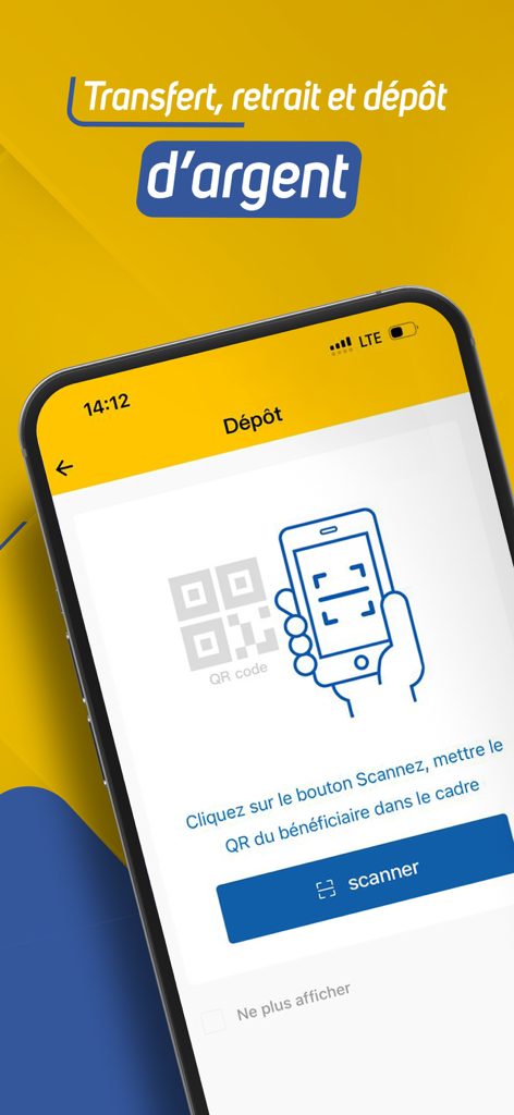 Moov Money Agent - Tela do aplicativo Moov Money Agent mostrando a interface de depósito com um botão de scanner de código QR