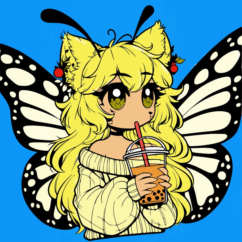 a realistic butterfly/furry girl drinking boba