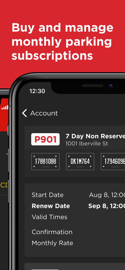 Interface de l'application mobile Premium Parking pour la gestion des abonnements de stationnement mensuels