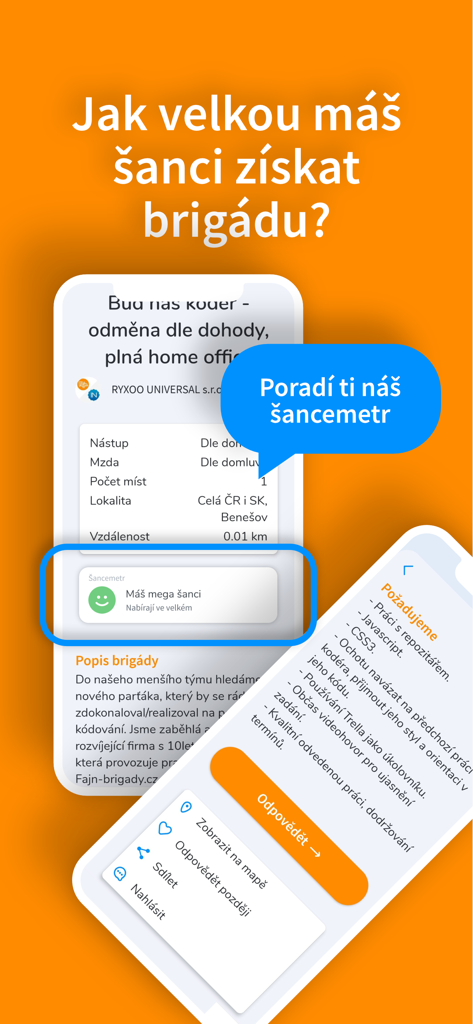 Fajn brigády - Mobile app interface showing a chance meter feature that predicts the probability of getting a part time job