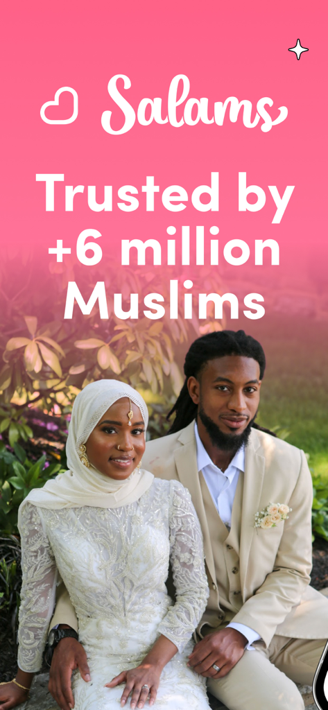 Salams: Halal Muslim Marriage - 6백만 사용자가 신뢰하는 살람스 앱 화면에 있는 웨딩 의상을 입은 무슬림 커플
