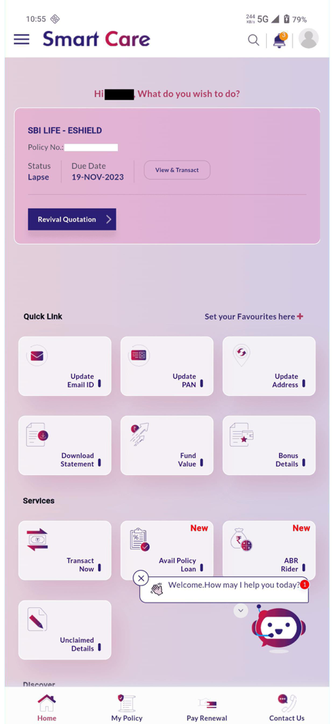 SBI Life Smart Care - SBI Life Smart Care app dashboard showing insurance policy status and quick links for self service
